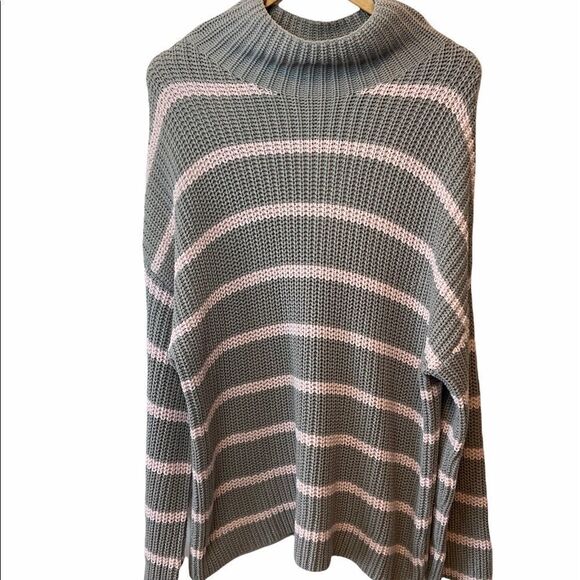 NWT CASLON Grey&Pink Striped Heavy Knit High Neck Wide Sleeve Loose Long Sweater - Picture 2 of 9